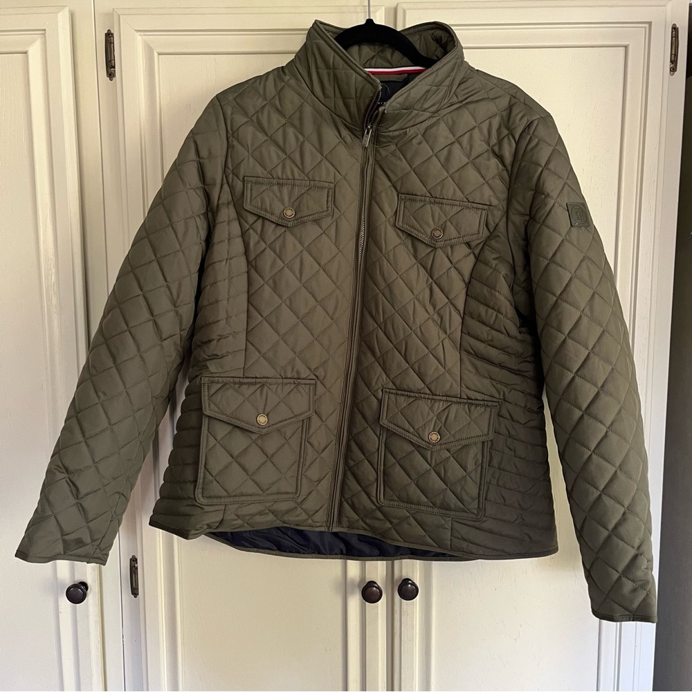 Tommy Hilfiger Women's Quilted Mock Neck Collar Zip Jacket in Thyme Green XL